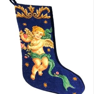 VTG Needlepoint Stocking Cherub Angel Navy Blue Velvet Christmas